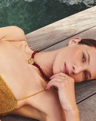 Spiral Gemstone Beaded Pendant Necklace | 18k Gold Plated/Dark Cherry Crystal Quartz