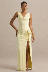Pure Affection | Pale Lemon Cowl-Neck Maxi Dress With Ruched Detailing And Front High Split