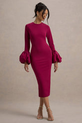 Celie | Mulberry Long-Sleeve Midi Dress With Puff Cuffs