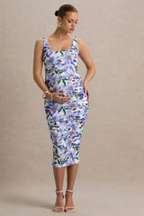 Lisbon | Purple Lily Print Maternity Square Neck Ruched Midi Dress