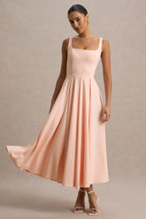 Parina | Pink Strappy Volume-Hem Midi Dress