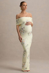 Cindy | Lemon Floral Bouquet Print Bardor-Neck Maternity Maxi Dress With Ruched Detail