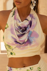 Calla | Lilac Floral Placement Print High-Neck Crop-Top