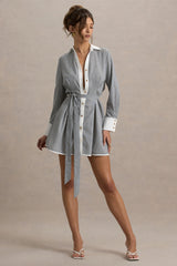 Beatriz | Grey Linen Pinstripe Mini Shirt Dress