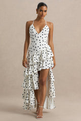 Bogota | Polka Dot Plunge-Neck Maxi Dress With Ruffling Details And Front High Split