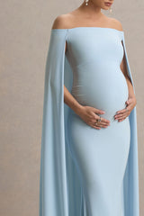 Radiance | Powder Blue Bardot Maternity Maxi Dress With Cape