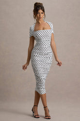 Paxos | White Polka Dot Ruched Short-Sleeve Midi Dress