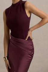 All Yours | Dark Cherry Satin High-Neck Wrap Midi Dress