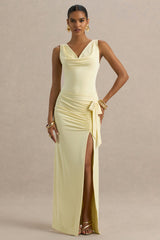 Pure Affection | Pale Lemon Cowl-Neck Maxi Dress With Ruched Detailing And Front High Split
