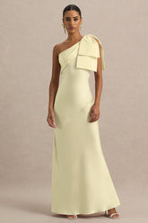 Valerie | Lemon Satin Asymmetric-Neck Maxi Dress With Bow Detail