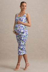 Lisbon | Purple Lily Print Maternity Square Neck Ruched Midi Dress