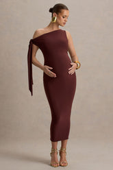 Katarine | Brown Asymmetric Knot Maternity Midi Dress