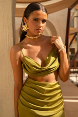 Una | Khaki Ruched Cowl-Neck Crop Top