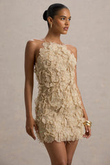 Kamara | Nude Sequin Floral Halter-Neck Mini Dress