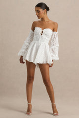 Mariella | White Broderie Bardot Ruffled Playsuit