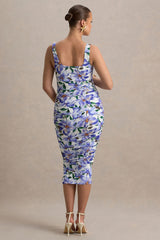 Lisbon | Purple Lily Print Maternity Square Neck Ruched Midi Dress