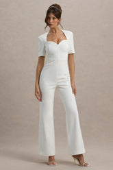 Simone | White Sweetheart Short-Sleeve Wide-Leg Jumpsuit
