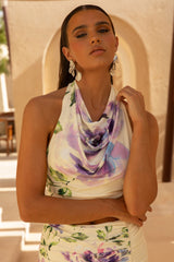 Calla | Lilac Floral Placement Print High-Neck Crop-Top