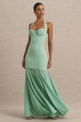 Kirby | Sage Corset Halter-Neck Maxi Dress With Sheer Detail