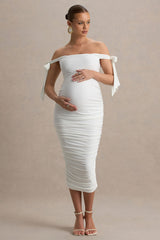 Chandelier | White Bardot Maternity Midi Dress With Bow Details