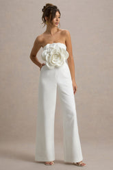 Opia | White Bandeau Wide-Leg Jumpsuit With Large Floral Corsage