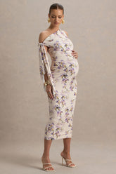 Katarine | Peach Floral Print Asymmetric Knot Maternity Midi Dress
