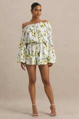 Waterfall | White Botanical Print Linen Asymmetric Long-Sleeve Playsuit