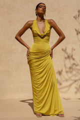 Mademoiselle | Yellow Cowl-Neck Maxi Dress With Draped Detailing
