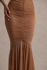 Talisa | Mocha Ruched Fishtail Maxi Dress With Mesh Hem