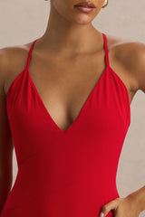 Bogota | Red Plunge-Neck Maxi Dress With Ruffling Details And Front High Split