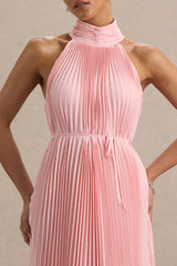Tulip | Blush Pink Pleated High-Neck Midi Dress