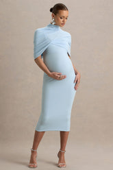 Augustina | Powder Blue Maternity Midi Dress With Cape