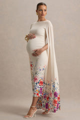 Providence | Light Pink Floral Print Boat-Neck Maternity Midi Dress With Cape Sleeves