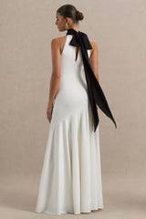 Luscious | White And Black High-Neck Maxi Dress With Drop-Waist And Bow Detail
