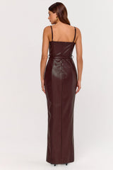Lila | Burgundy Faux Leather Plunge-Neck Maxi Dress With Split