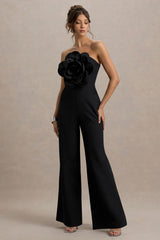Opia | Black Bandeau Wide-Leg Jumpsuit With Large Floral Corsage