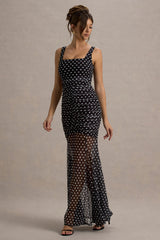 Galaxia | Black & White Polka Dot Maxi Dress With Mesh Skirt