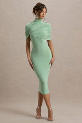 Cecille | Light Green Midi Dress With Cape Sleeve Detail