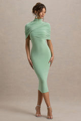 Cecille | Light Green Midi Dress With Cape Sleeve Detail