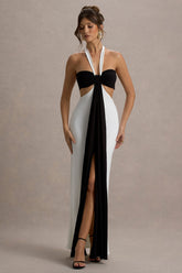 Acentis | Black & White Halter-Neck Cut-Out Maxi Dress