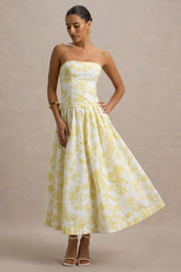 Bluebell | Lemon Porcelain Print Poplin Bandeau Drop-Waist Midi Dress