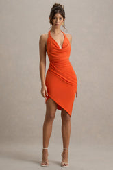 Vivia | Orange Plunge-Neck Ruched Mini Dress