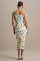 Salome | White Botanical Floral Print Twisted Asymmetric Maternity Midi Dress