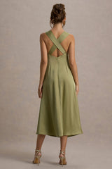 Beck | Light Green Satin Plunge-Neck Cross-Back Midi Dress