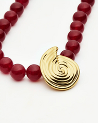 Spiral Gemstone Beaded Pendant Necklace | 18k Gold Plated/Dark Cherry Crystal Quartz