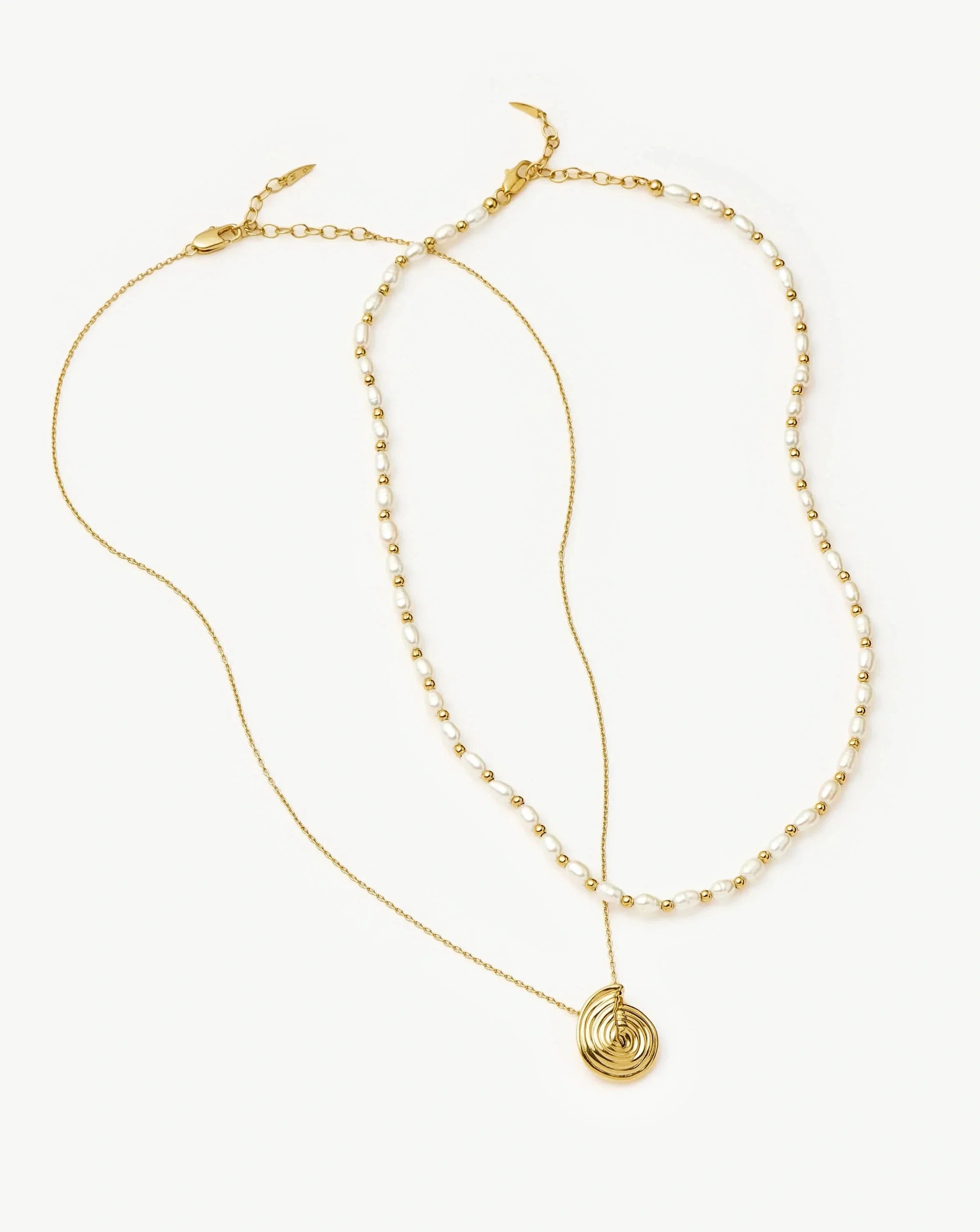 Spiral Pendant Necklace & Pearl Beaded Choker Set | 18k Gold Plated / Pearl