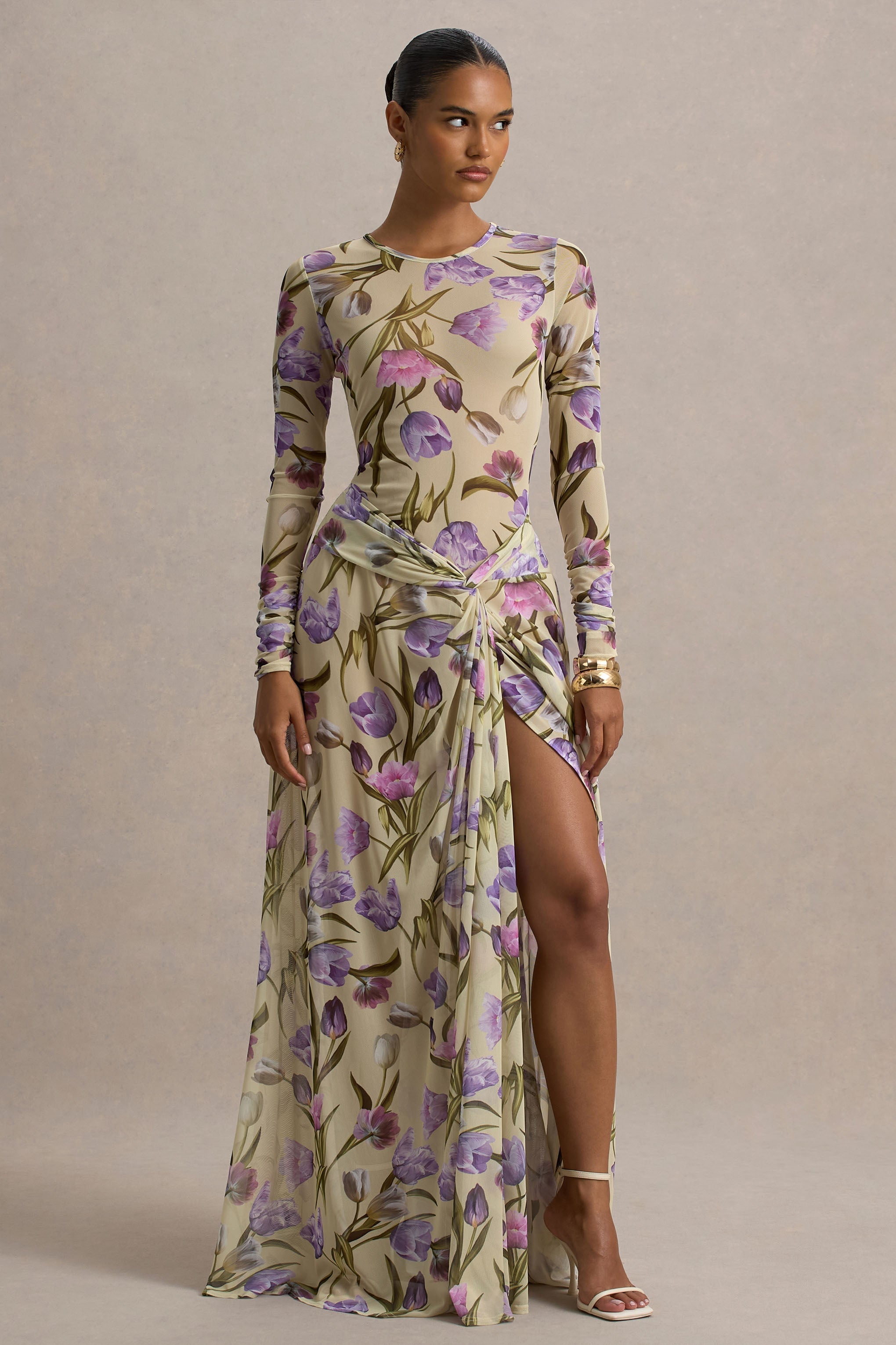 Koami | Yellow Floral Sheer Mesh Long-Sleeve Ruched Maxi Dress With High Split
