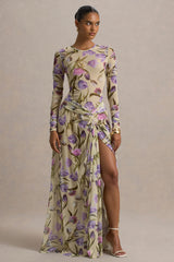 Koami | Yellow Floral Sheer Mesh Long-Sleeve Ruched Maxi Dress With High Split