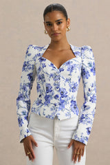 Olympia | Blue Floral Print Sweetheart-Neck Tailored Top