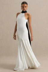 Luscious | White And Black High-Neck Maxi Dress With Drop-Waist And Bow Detail